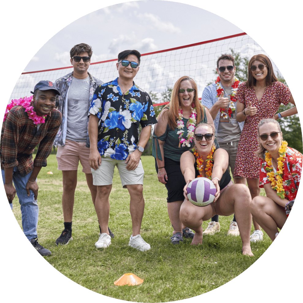 Photo of Orna employees at an outdoor volleyball event, encircled by a blue-to-yellow paint stroke